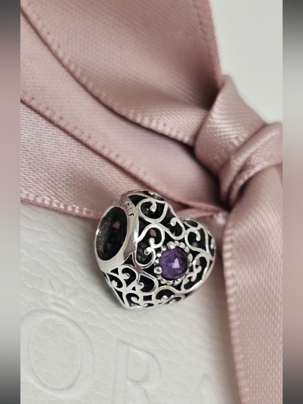 Retired Pandora Sterling Birthstone February Heart Charm w/Amethyst